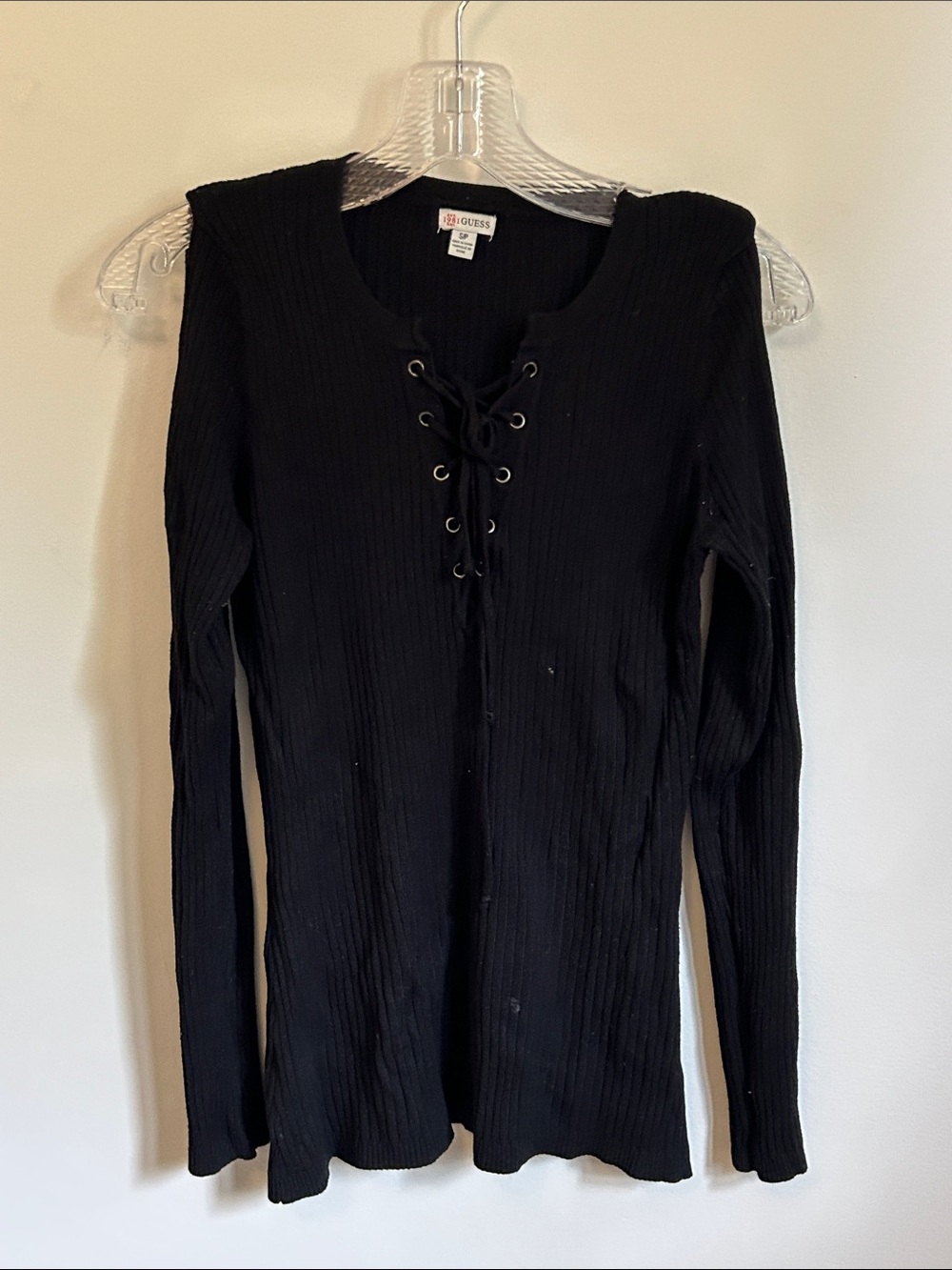 Guess Black Ribbed Lace-Up Long Sleeve Top